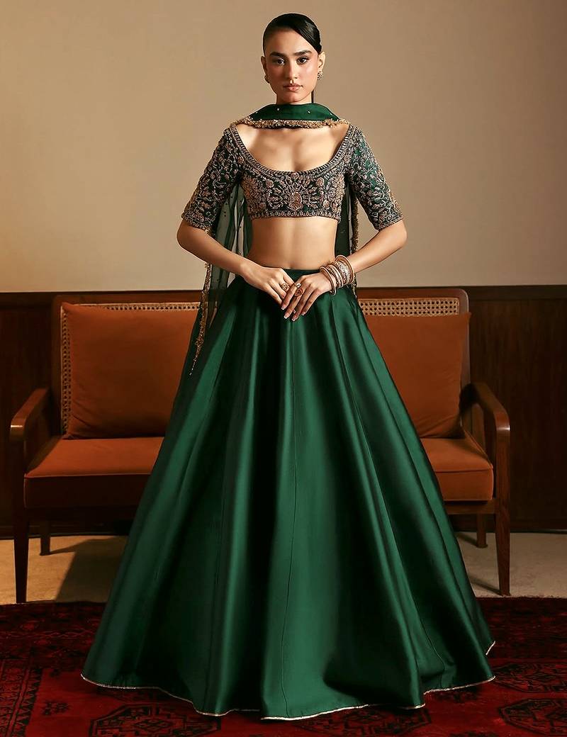 Green Satin Embroidery With Sequence Work Lehenga Choli with Dupatta For Women