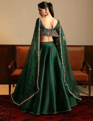 Green Satin Embroidery With Sequence Work Lehenga Choli with Dupatta For Women 2