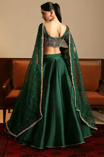 Green Satin Embroidery With Sequence Work Lehenga Choli with Dupatta For Women