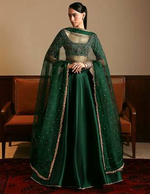 Green Satin Embroidery With Sequence Work Lehenga Choli with Dupatta For Women 3
