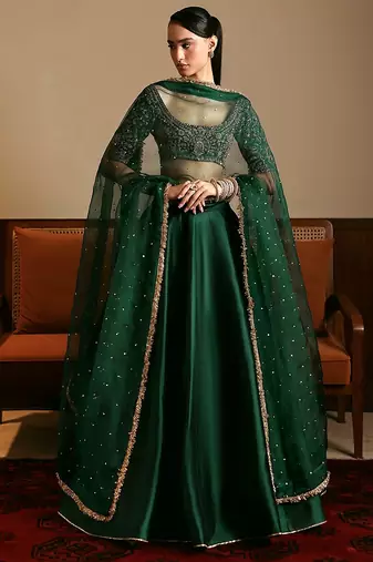 Green Satin Embroidery With Sequence Work Lehenga Choli with Dupatta For Women