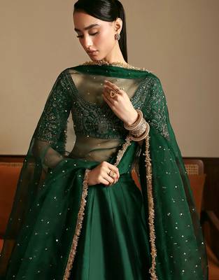 Green Satin Embroidery With Sequence Work Lehenga Choli with Dupatta For Women 4
