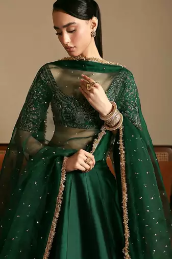Green Satin Embroidery With Sequence Work Lehenga Choli with Dupatta For Women