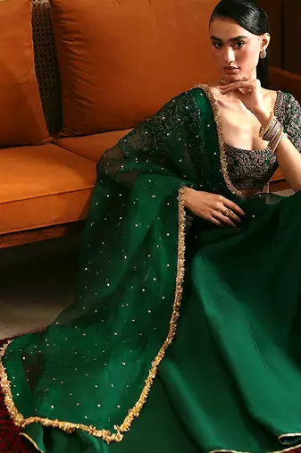 Green Satin Embroidery With Sequence Work Lehenga Choli with Dupatta For Women
