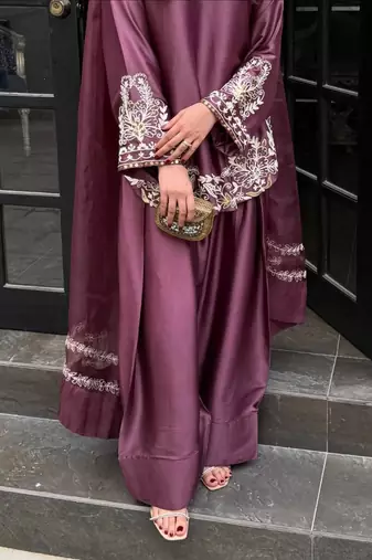 Wine embroidery crep silk full stitched farshi salwar