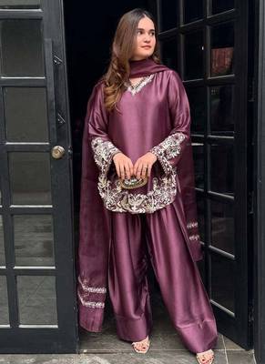 Wine embroidery crep silk full stitched farshi salwar 4