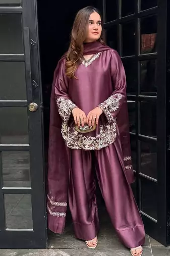 Wine embroidery crep silk full stitched farshi salwar