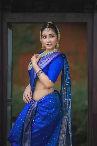 Royal blue silk blend banarasi saree with unstitched blouse piece