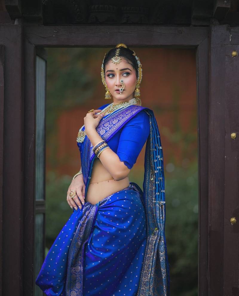 Royal blue silk blend banarasi saree with unstitched blouse piece