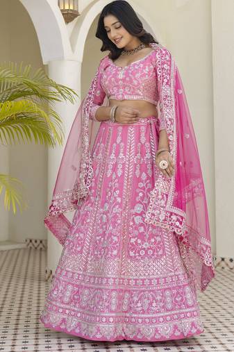 Pink Natural Crepe Silk Sequins & Zari Embroidered Lehenga Choli Set