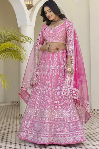 Pink Natural Crepe Silk Sequins & Zari Embroidered Lehenga Choli Set