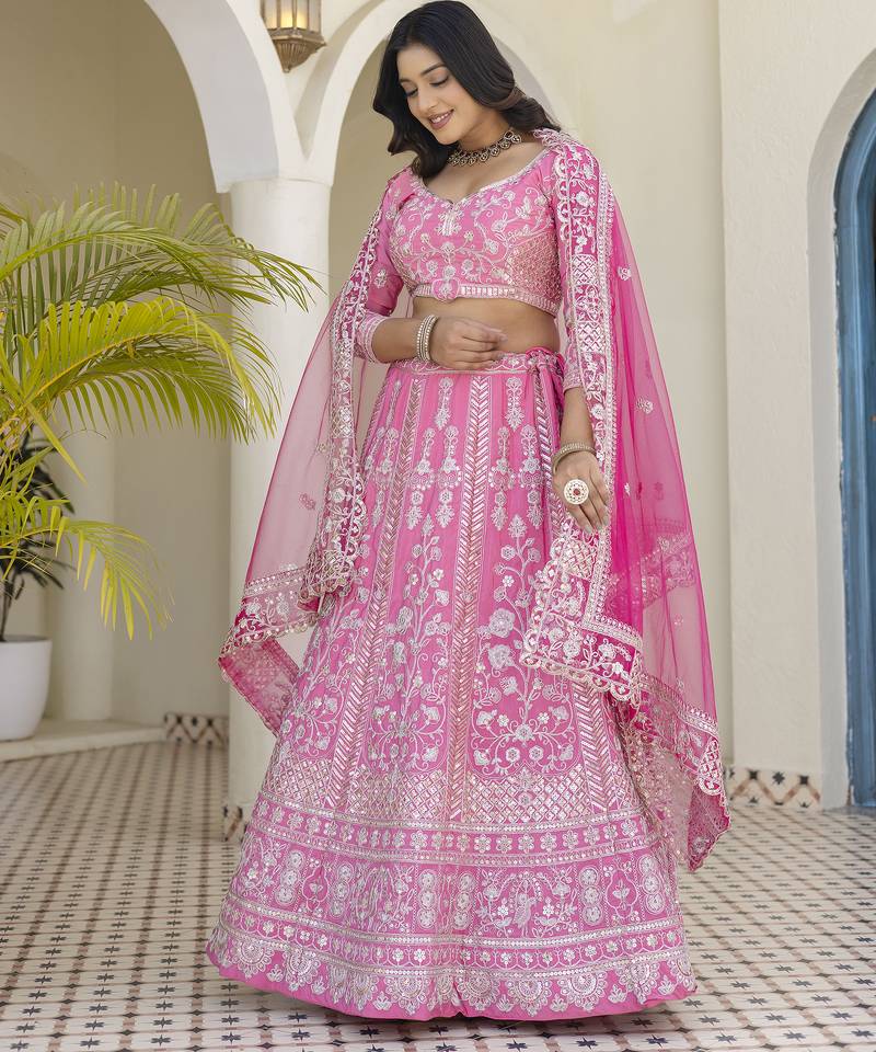 Pink Natural Crepe Silk Sequins & Zari Embroidered Lehenga Choli Set