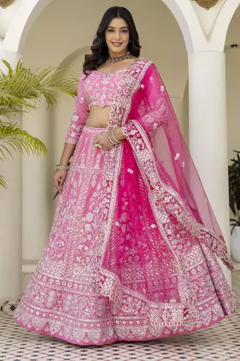 Pink Natural Crepe Silk Sequins & Zari Embroidered Lehenga Choli Set