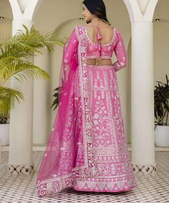Pink Natural Crepe Silk Sequins & Zari Embroidered Lehenga Choli Set 3