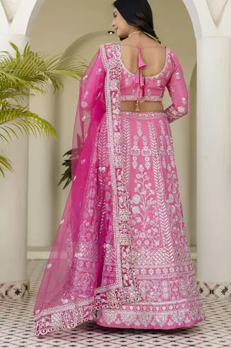 Pink Natural Crepe Silk Sequins & Zari Embroidered Lehenga Choli Set