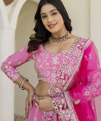 Pink Natural Crepe Silk Sequins & Zari Embroidered Lehenga Choli Set 4
