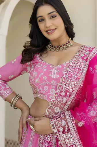 Pink Natural Crepe Silk Sequins & Zari Embroidered Lehenga Choli Set