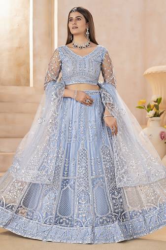 Designer Sky Blue Embroidered Lehenga Choli with Net Dupatta for Women