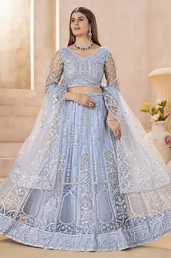 Designer Sky Blue Embroidered Lehenga Choli with Net Dupatta for Women