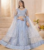 Designer Sky Blue Embroidered Lehenga Choli with Net Dupatta for Women