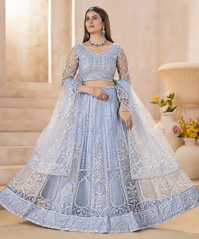 Designer Sky Blue Embroidered Lehenga Choli with Net Dupatta for Women