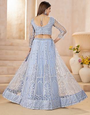 Designer Sky Blue Embroidered Lehenga Choli with Net Dupatta for Women 2