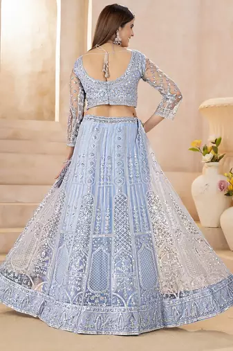 Designer Sky Blue Embroidered Lehenga Choli with Net Dupatta for Women