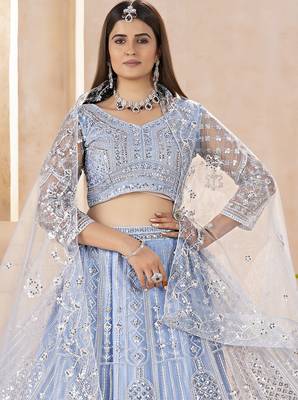 Designer Sky Blue Embroidered Lehenga Choli with Net Dupatta for Women 3