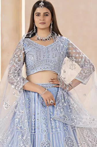 Designer Sky Blue Embroidered Lehenga Choli with Net Dupatta for Women