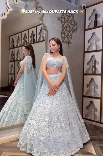 sky blue net lehenga set with thread work design