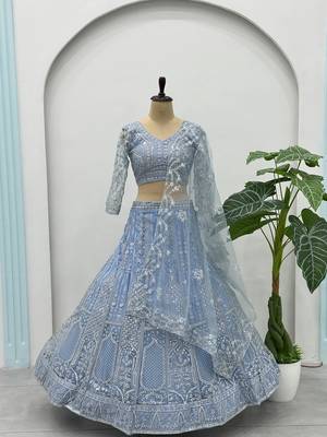 Designer Sky Blue Embroidered Lehenga Choli with Net Dupatta for Women 4