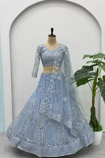 Designer Sky Blue Embroidered Lehenga Choli with Net Dupatta for Women