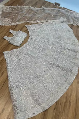 sky blue net lehenga set with thread work design