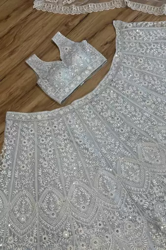 sky blue net lehenga set with thread work design