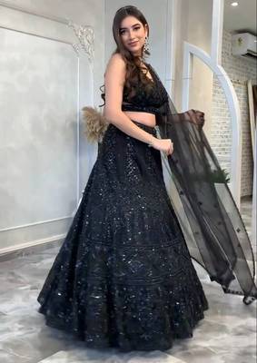  black net a-line lehenga set with sequins dori work 2