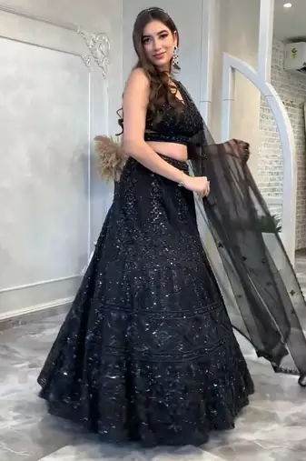  black net a-line lehenga set with sequins dori work
