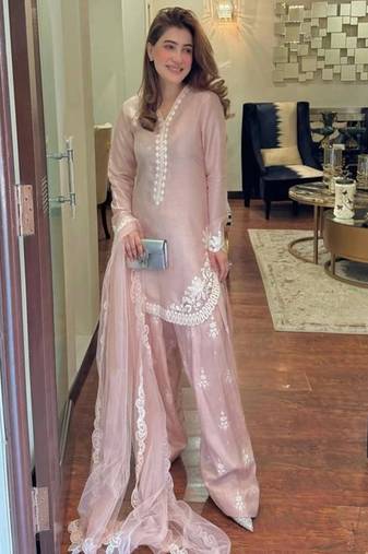 Pink White embroidery crep silk full stitched farshi salwar