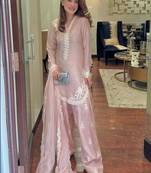 Pink White embroidery crep silk full stitched farshi salwar
