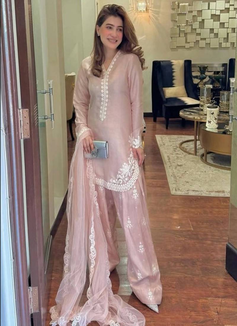 Pink White embroidery crep silk full stitched farshi salwar