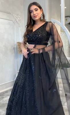  black net a-line lehenga set with sequins dori work 3