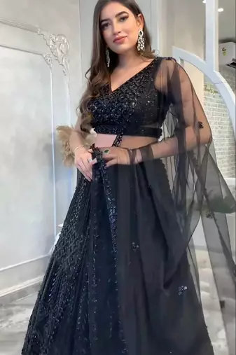  black net a-line lehenga set with sequins dori work