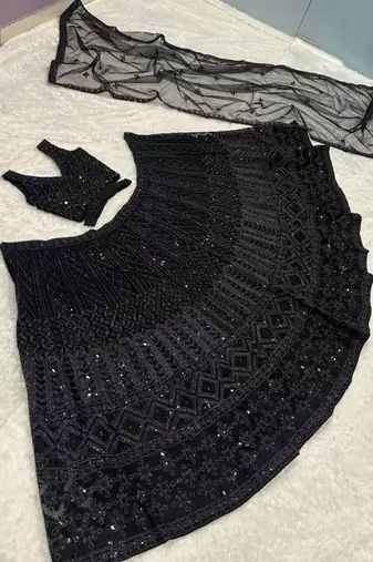  black net a-line lehenga set with sequins dori work