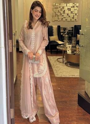 Pink White embroidery crep silk full stitched farshi salwar 4