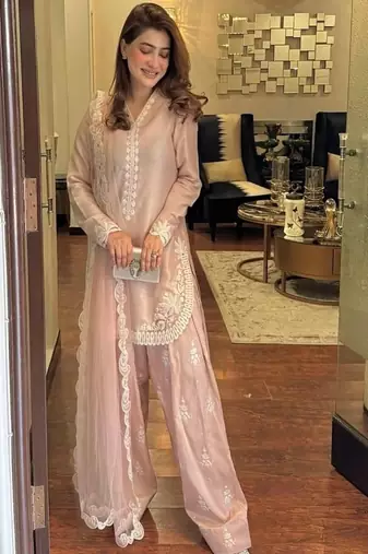Pink White embroidery crep silk full stitched farshi salwar