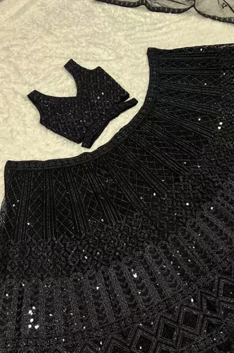  black net a-line lehenga set with sequins dori work