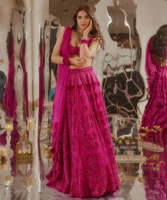 Pink Embroidery Silk Lehenga Choli Set 2