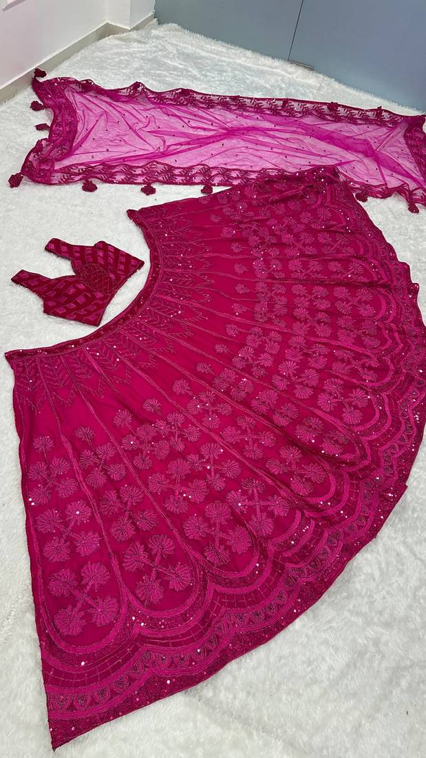 Pink Embroidery Silk Lehenga Choli Set