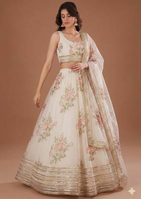 off-white floral print wedding lehenga with round neck blouse 1