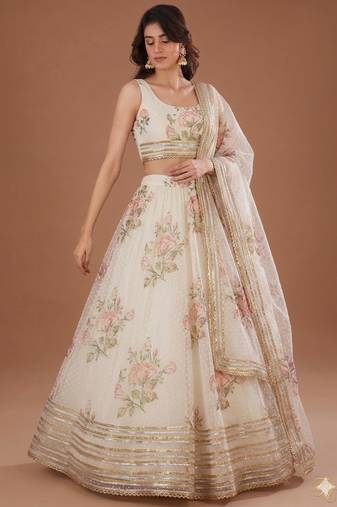 Off-White Floral Print and Subtle Zari A-Line Lehenga with Round Neck Blouse