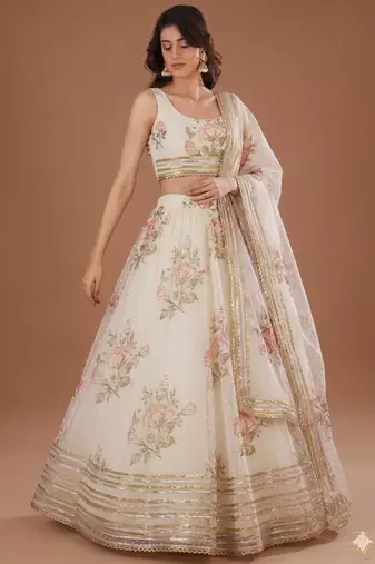 Off-White Floral Print and Subtle Zari A-Line Lehenga with Round Neck Blouse